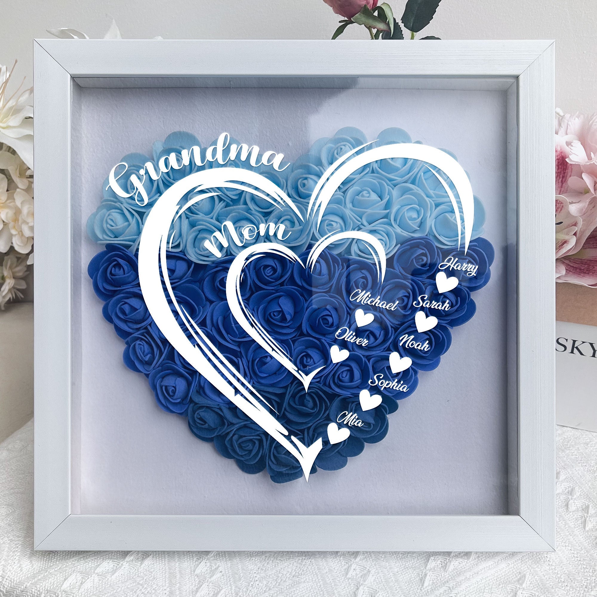 Grandma Hearts Mommy Hearts - Personalized Flower Shadow Box - Gift For Grandma