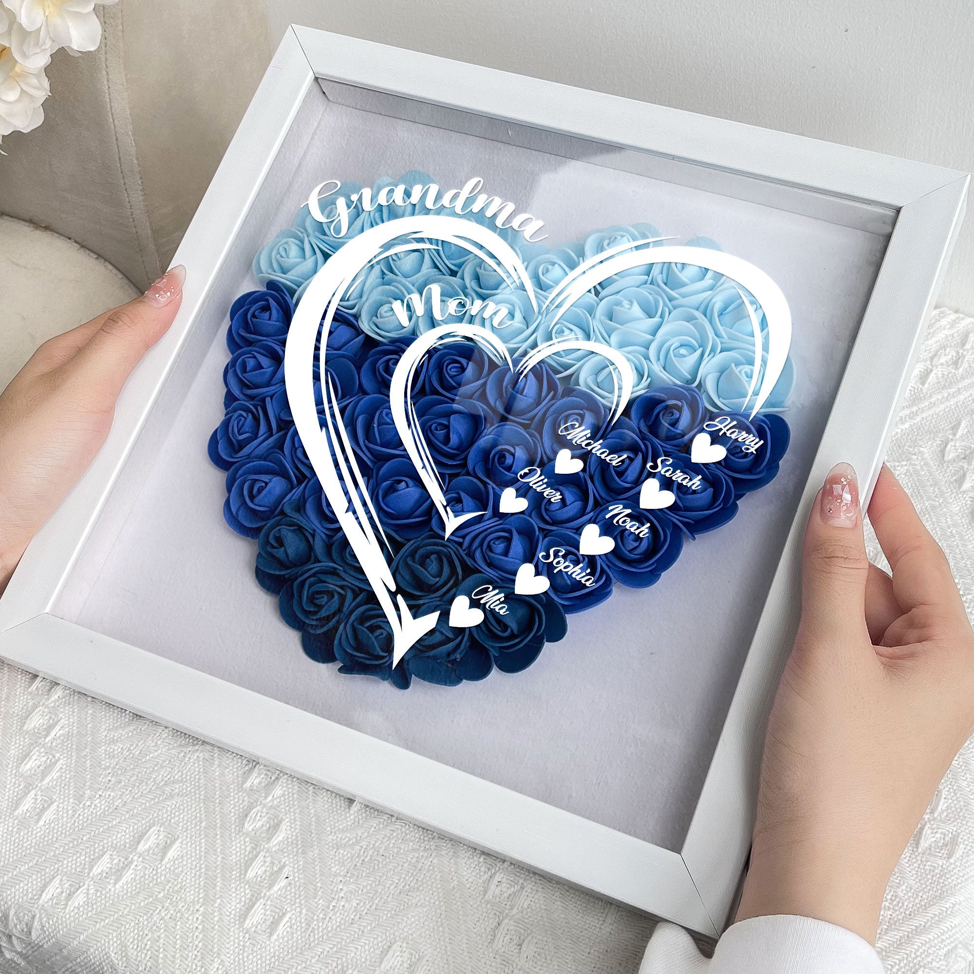 Grandma Hearts Mommy Hearts - Personalized Flower Shadow Box