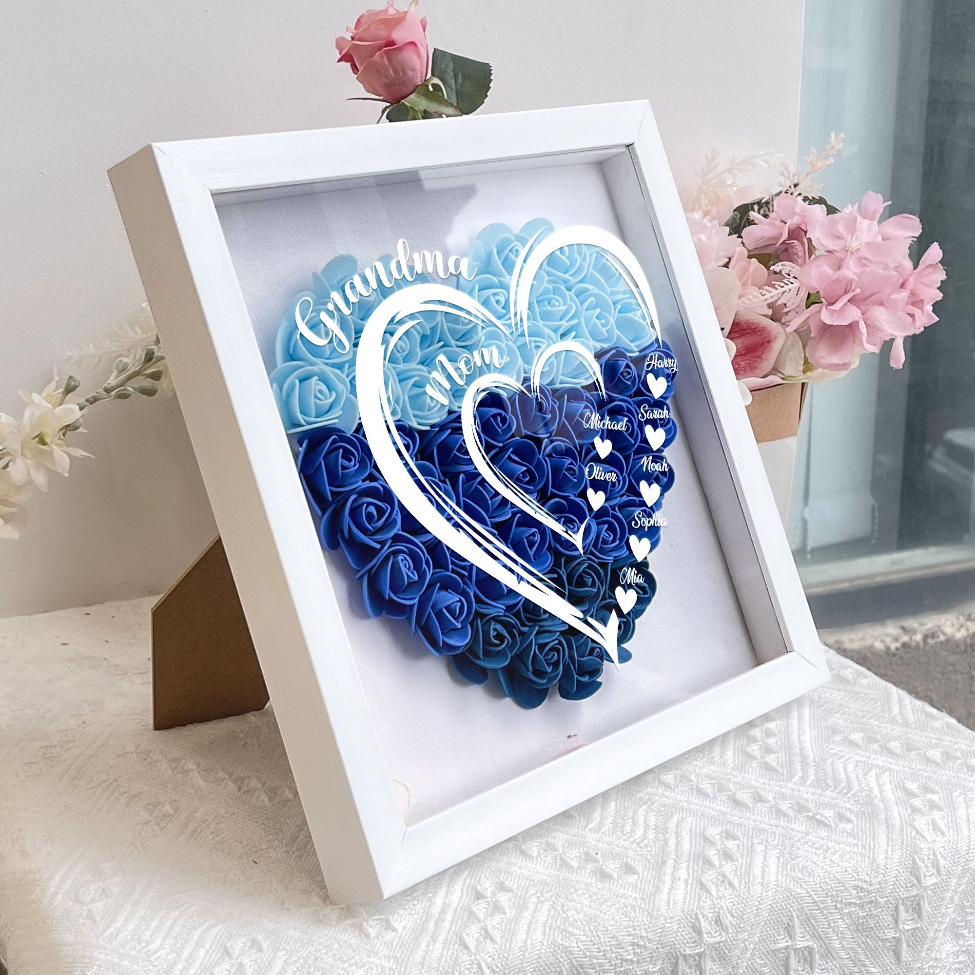 Grandma Hearts Mommy Hearts - Personalized Flower Shadow Box