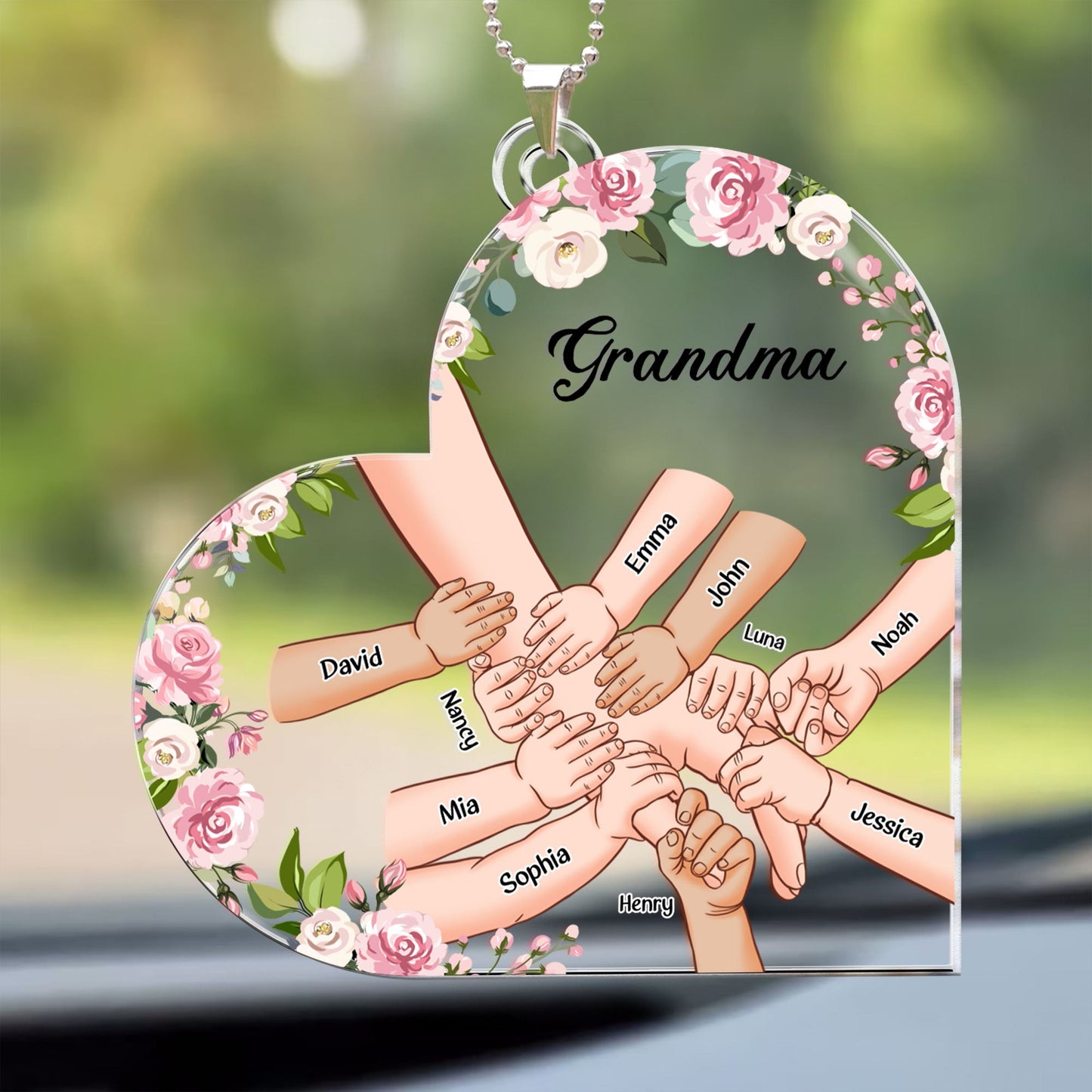 Grandma Holding Hand With Grandkids Names - Personalized Car Ornament