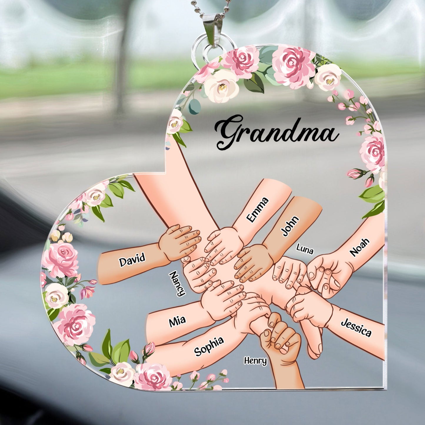 Grandma Holding Hand With Grandkids Names - Personalized Car Ornament