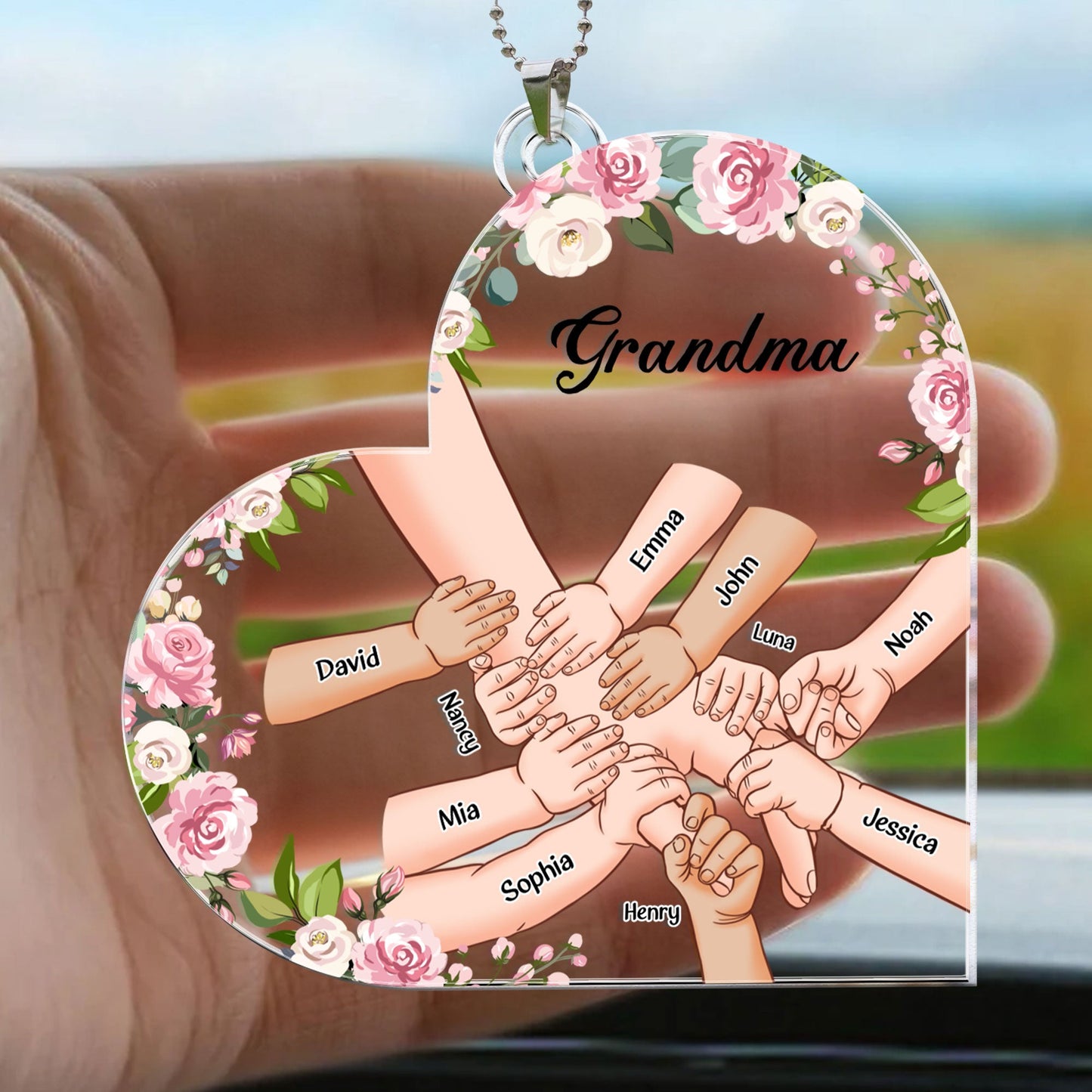 Grandma Holding Hand With Grandkids Names - Personalized Car Ornament