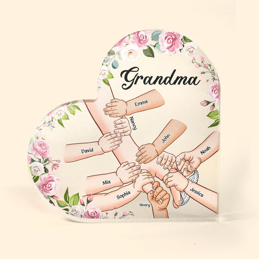 Grandma Holding Hand With Grandkids - Personalized Heart Shaped Acrylic Plaque