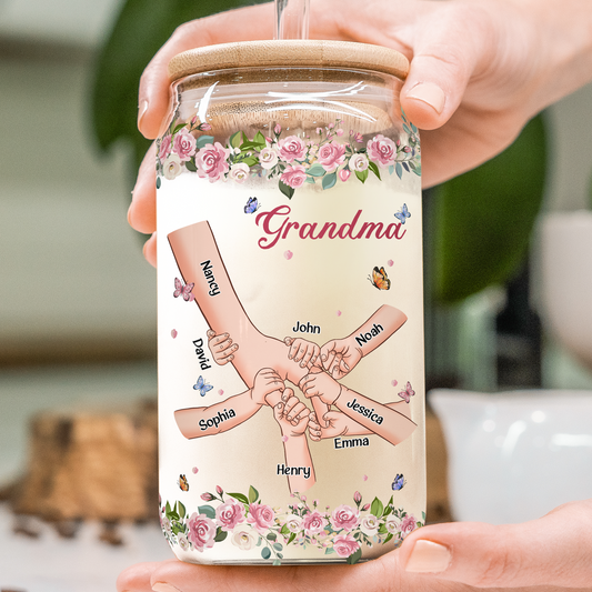 Grandma Holding Hands Custom With Kids' Names - Personalized Clear Glass Cup