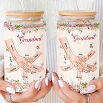 Grandma Holding Hands Custom With Kids' Names - Personalized Clear Glass Cup