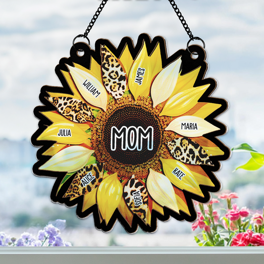 Grandma Leopard Sunflower With Kids Names - Personalized Window Hanging Suncatcher Ornament