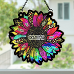 Grandma Leopard Sunflower With Kids Names - Personalized Window Hanging Suncatcher Ornament