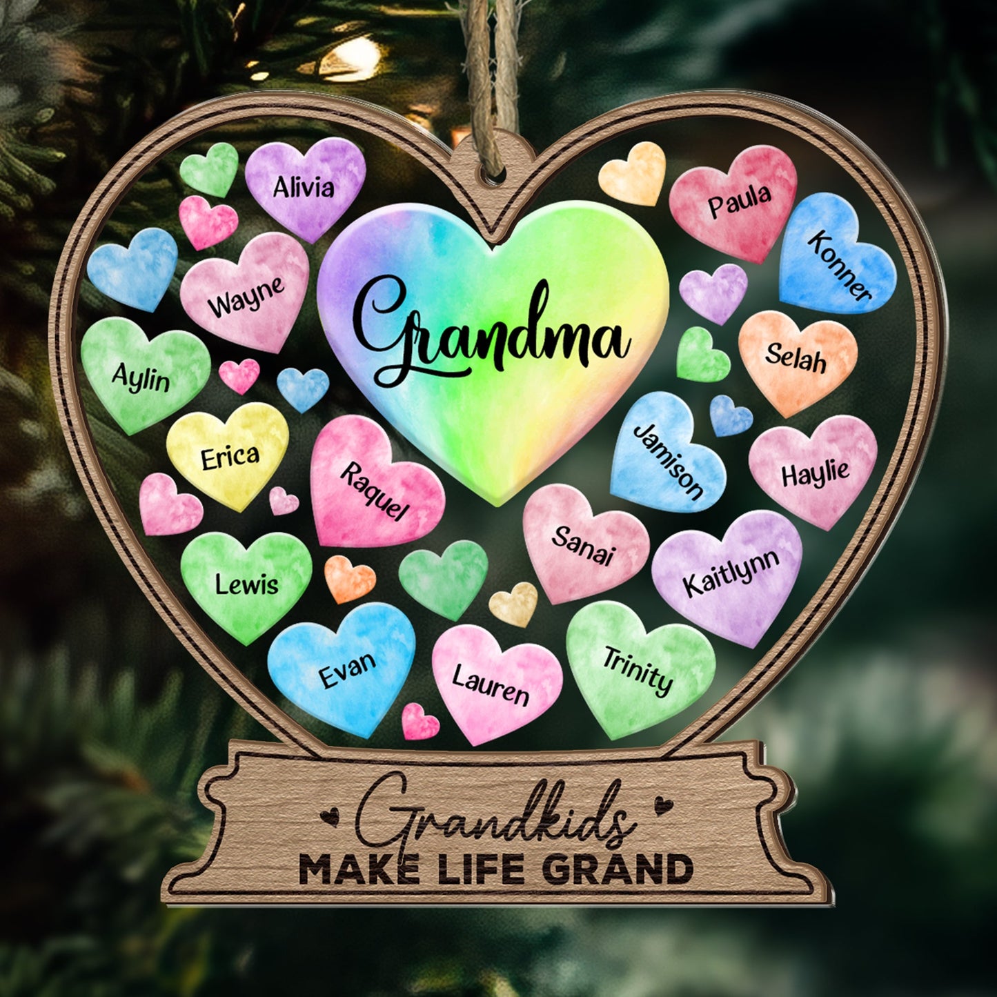 Grandma Mom Hearts With Kids' Names - Personalized Wood And Acrylic Ornament