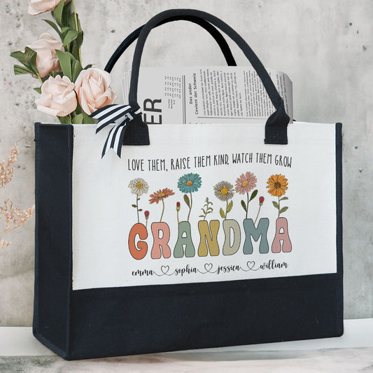 Grandma Wild Floral Custom Grandkids' Names - Personalized Canvas Tote Bag