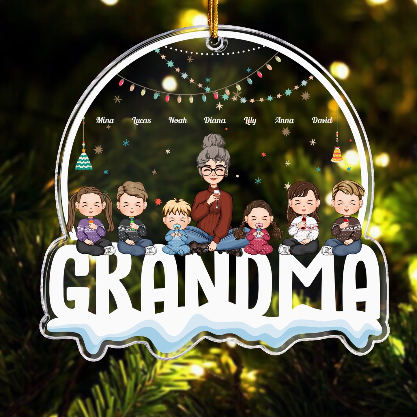 Grandma With Grandkids Custom Kids Names - Personalized Globe Shaped Acrylic Ornament