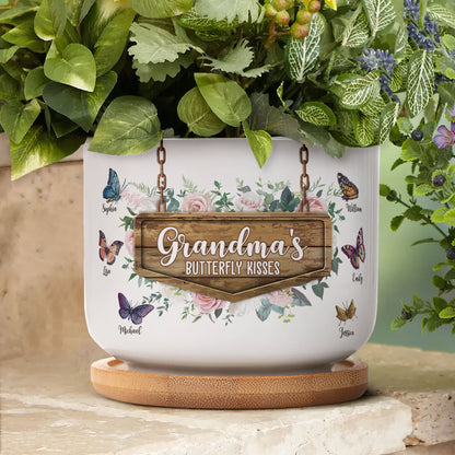 Grandma's Butterfly Kisses - Personalized Ceramic Plant Pot With Tray