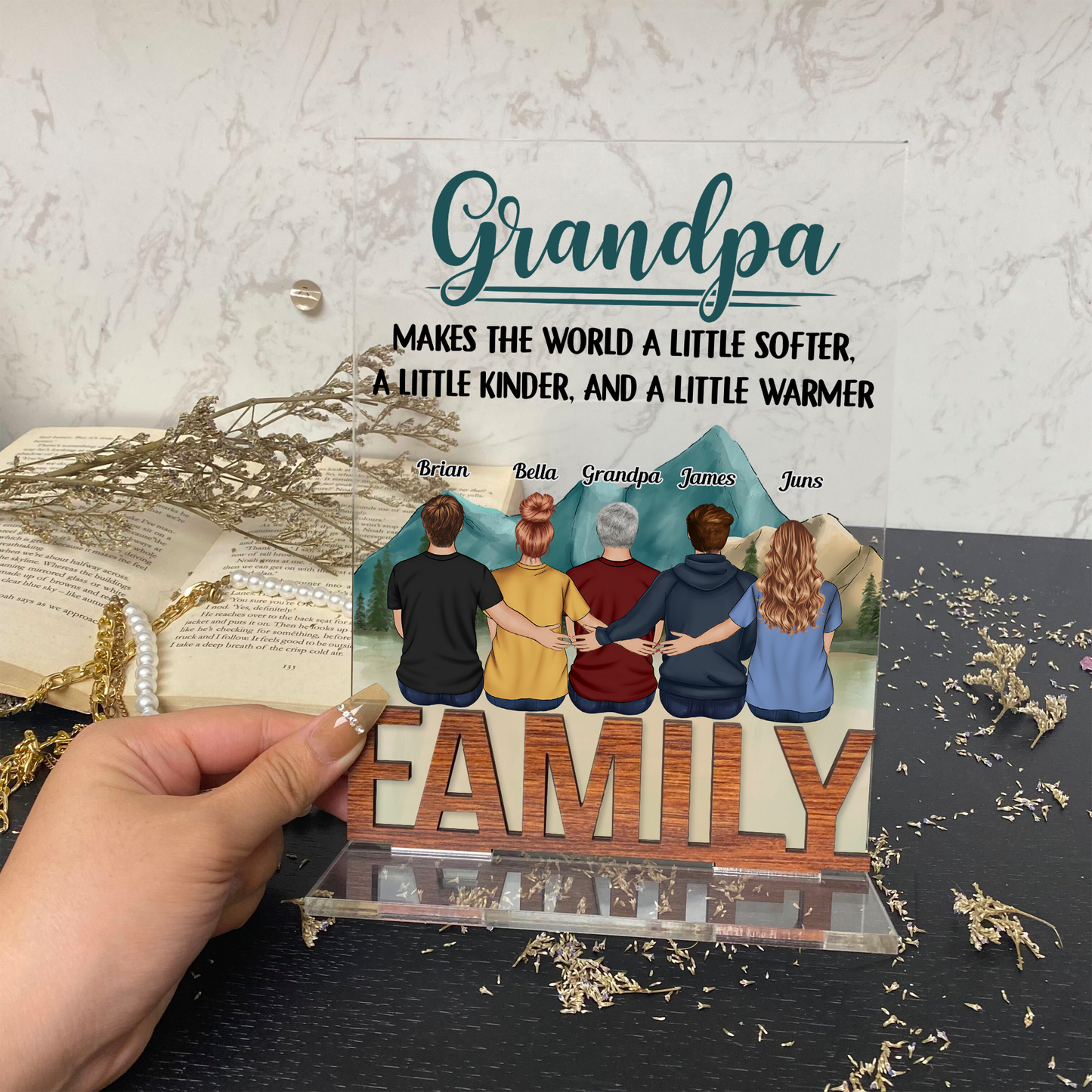[Only available in the U.S] Grandpa Makes The World Softer, Kinder, Warmer - Personalized Acrylic Plaque With Standing Wood Letters - Father's Day, Birthday Gift For Grandfather, Grandpa - From Grandkids, Grandchildren