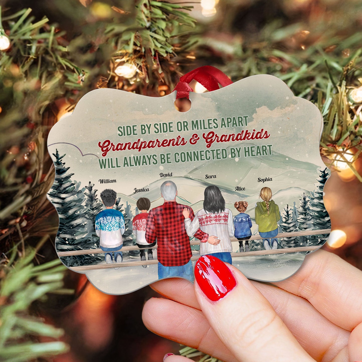Grandparents & Grandkids Will Always Be Connected By Heart - Personalized Aluminum/ Wood Ornament