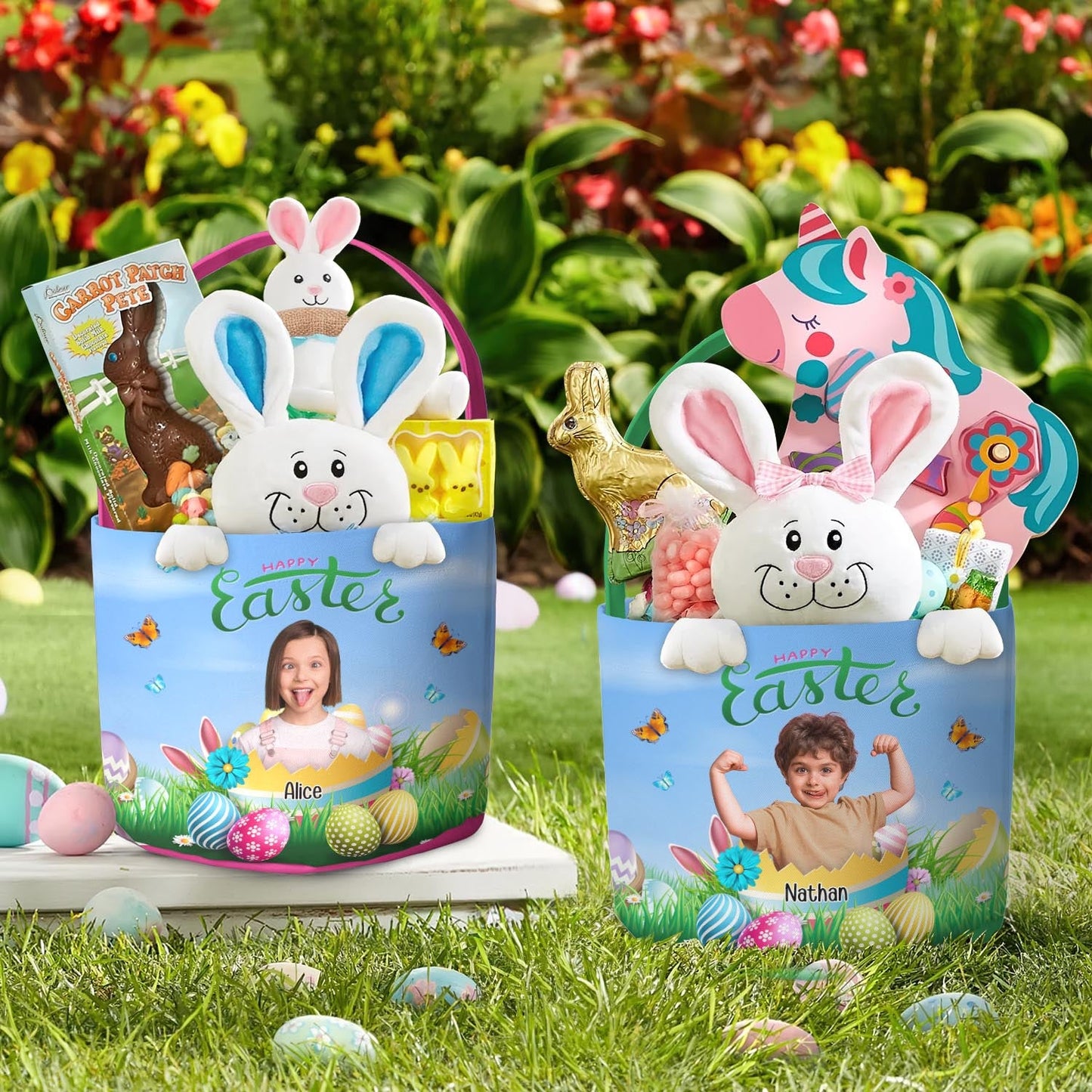 Happy Easter Kid With Easter Eggs - Personalized Photo Easter Basket