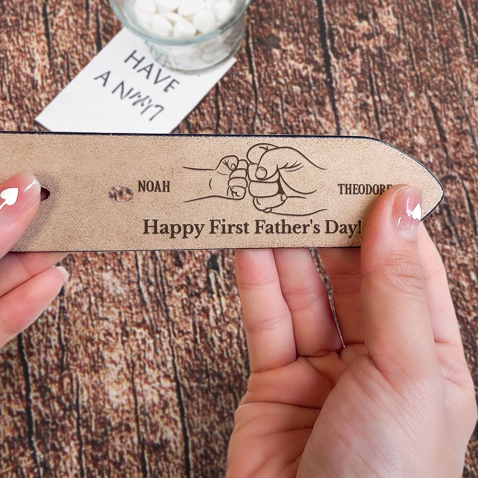 Happy First Father's Day Fist Bump Daddy And Baby - Personalized Engraved Leather Belt