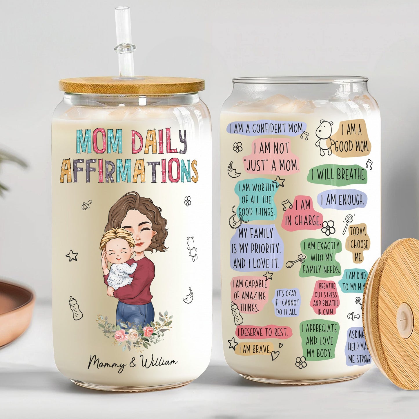 Happy First Mother'S Day Mom Daily Affirmations - Personalized Clear Glass Can