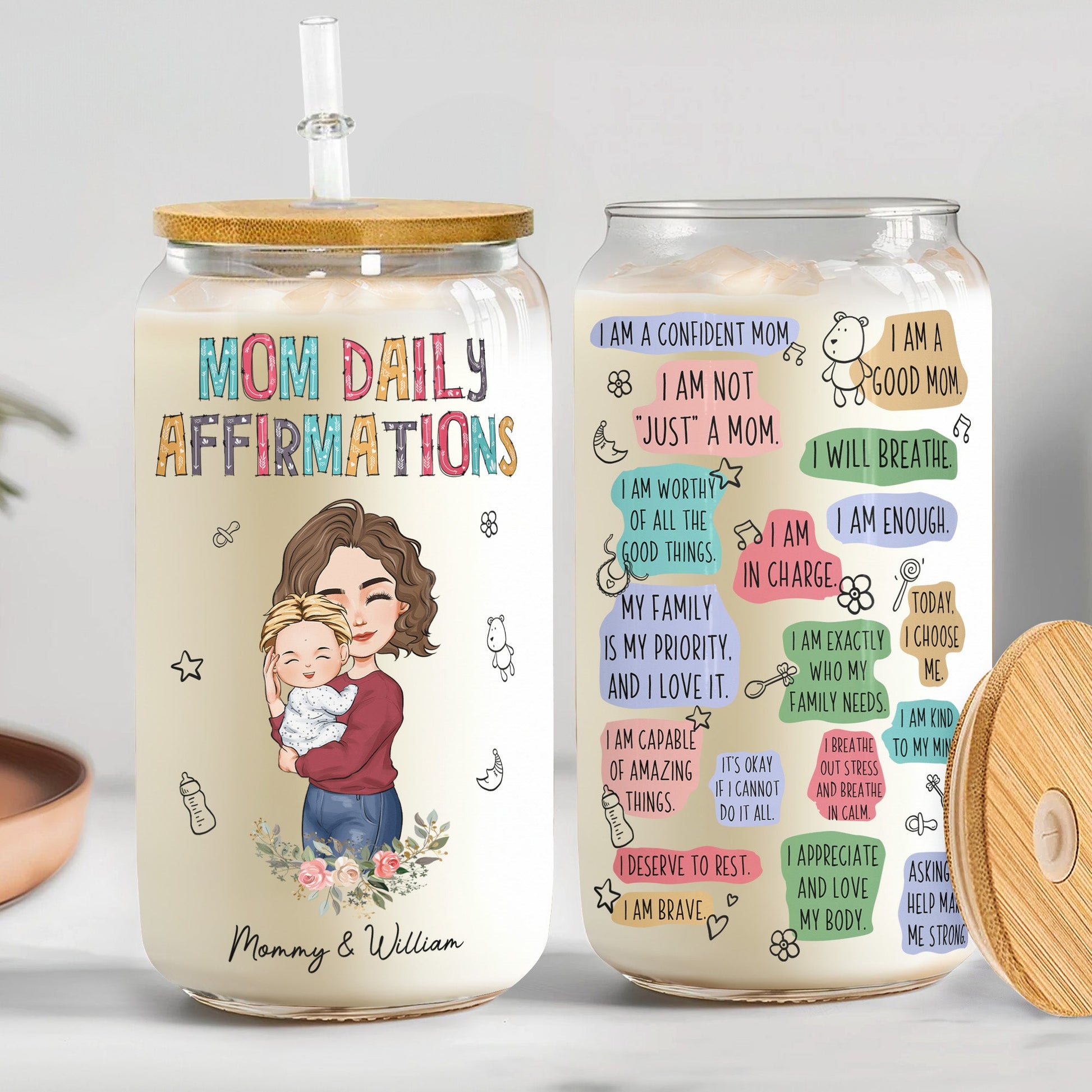 Happy First Mother'S Day Mom Daily Affirmations - Personalized Clear Glass Can