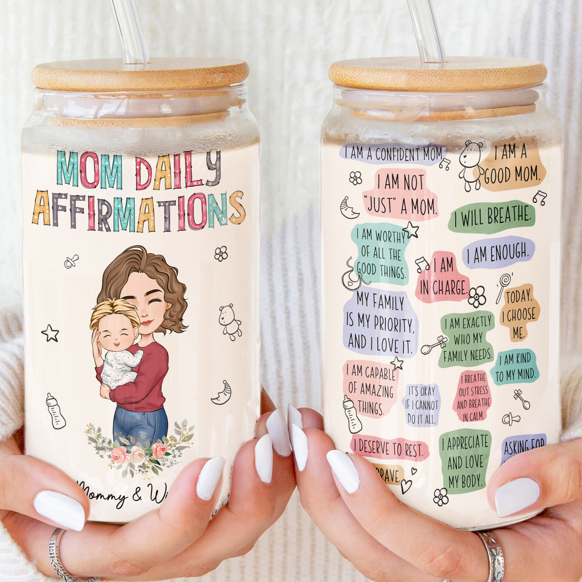 Happy First Mother'S Day Mom Daily Affirmations - Personalized Clear Glass Can