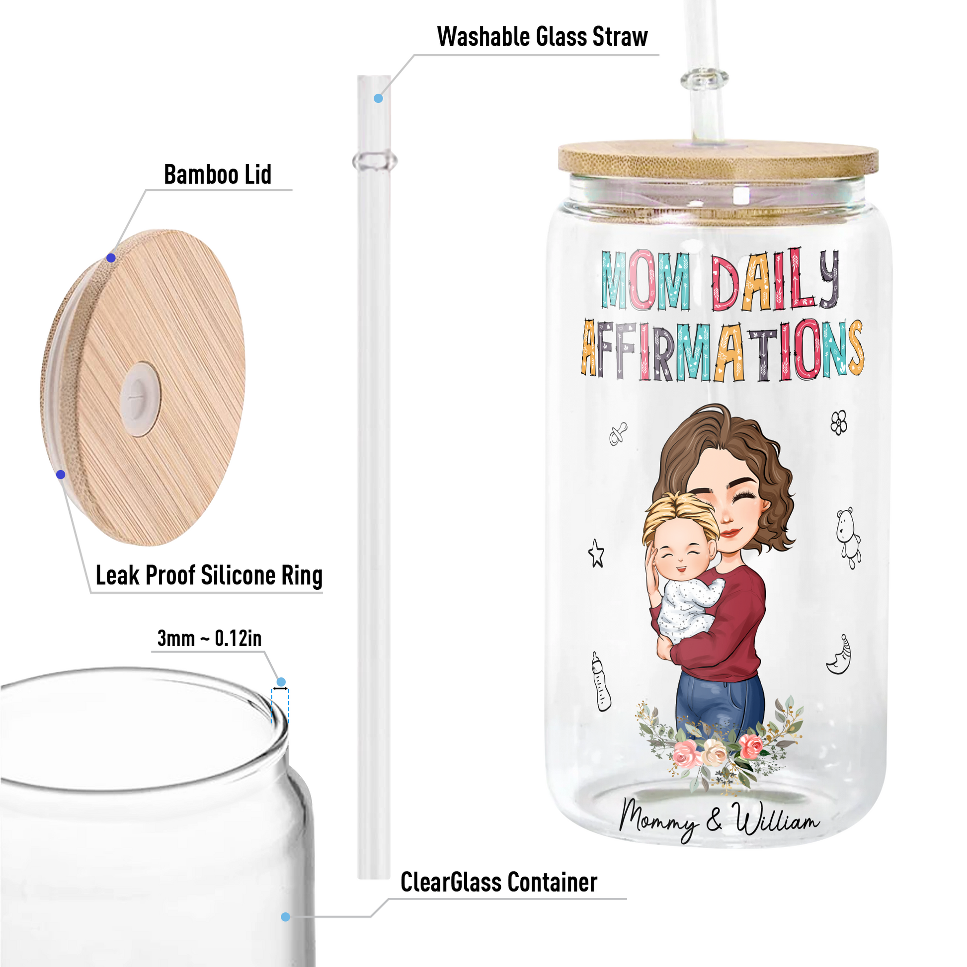 Happy First Mother'S Day Mom Daily Affirmations - Personalized Clear Glass Can