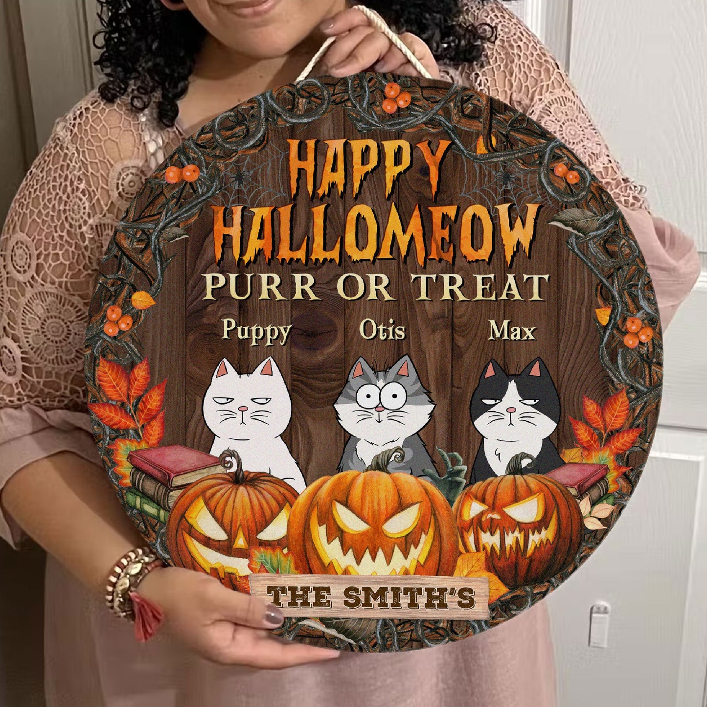 Happy Hallomeow - Personalized Round Wood Sign