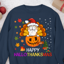 Happy Hallothanksmas With Pet Cat Dog - Personalized Sweatshirt