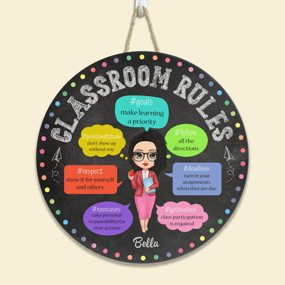 Hashtags Classroom Rules - Personalized Round Wood Sign