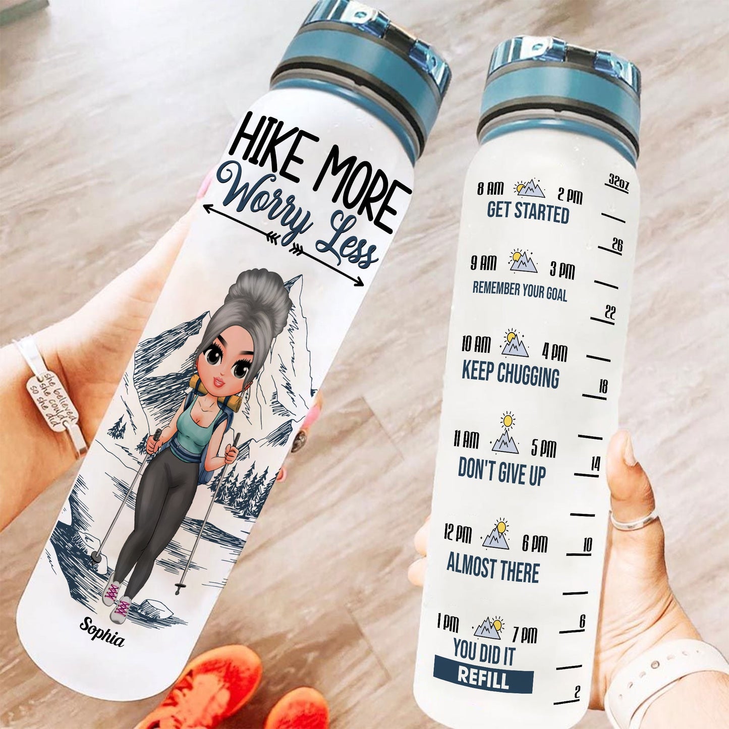 Hike More, Worry Less - Personalized Water Bottle With Time Marker - Birthday Gift For Hikers, Hiking Lovers, Hiking Girls, Hiking Gift