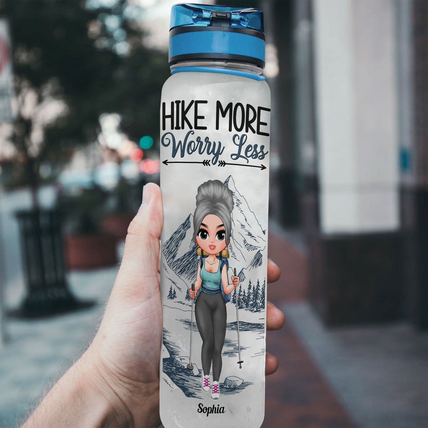 Hike More, Worry Less - Personalized Water Bottle With Time Marker - Birthday Gift For Hikers, Hiking Lovers, Hiking Girls, Hiking Gift