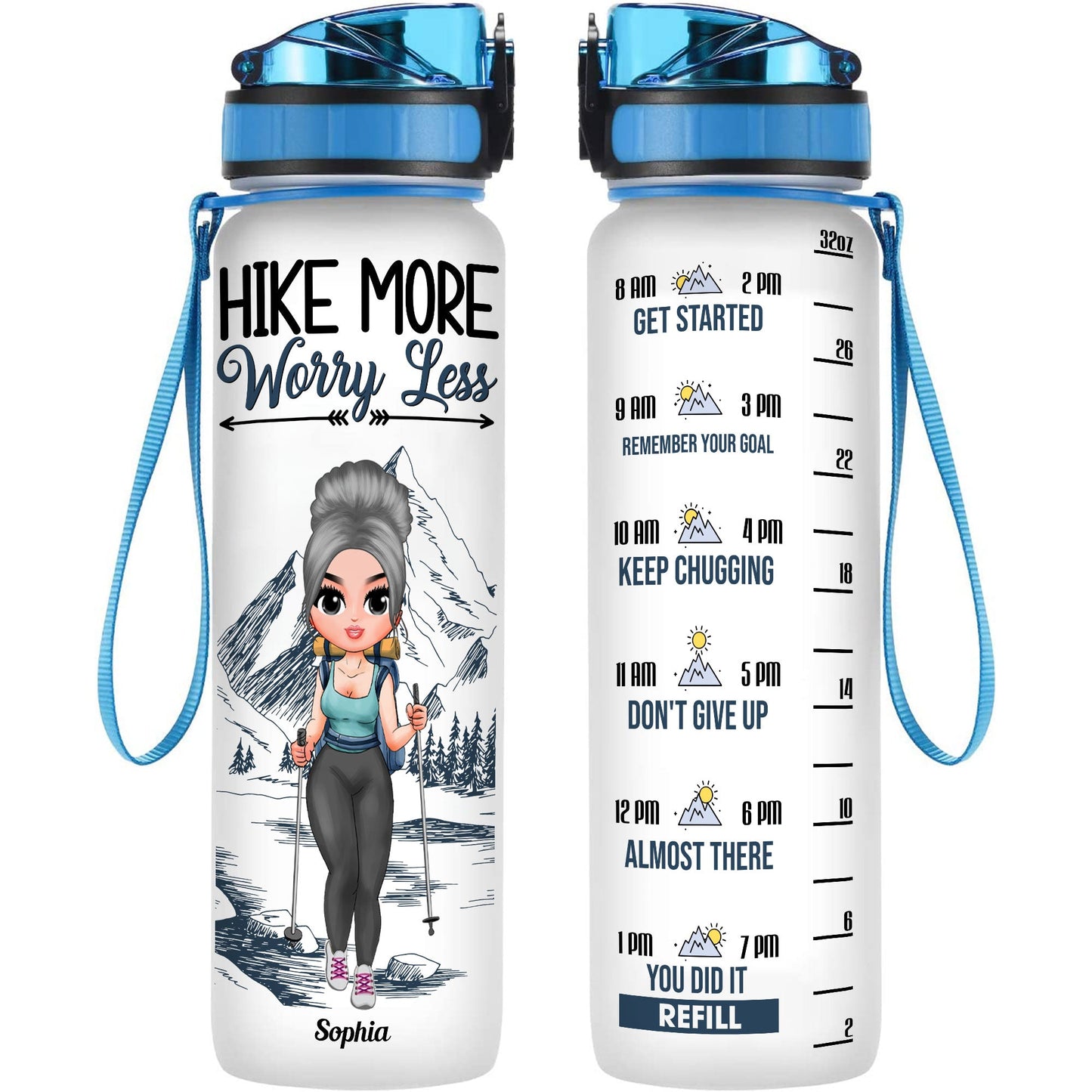Hike More, Worry Less - Personalized Water Bottle With Time Marker - Birthday Gift For Hikers, Hiking Lovers, Hiking Girls, Hiking Gift