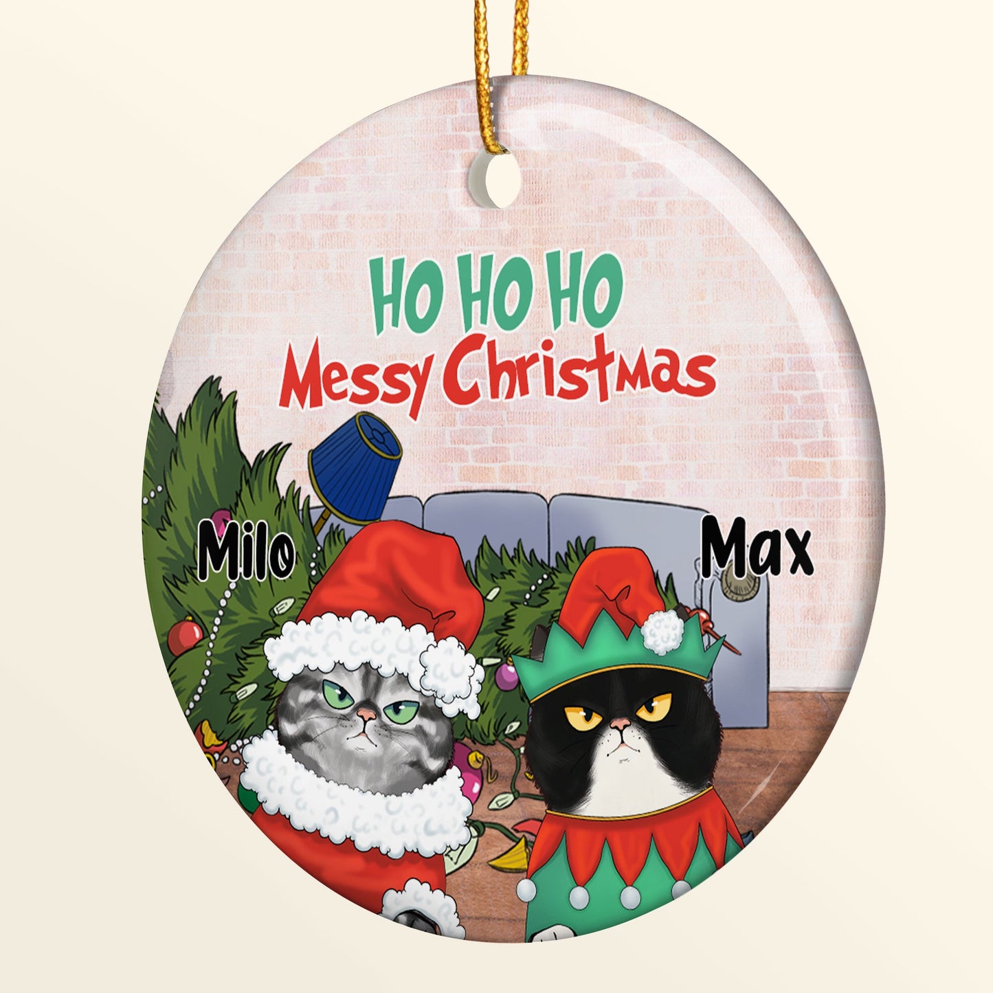 Ho Ho Ho Messy Christmas - Personalized Aluminum Ornament - Christmas Gift For Cat Lovers