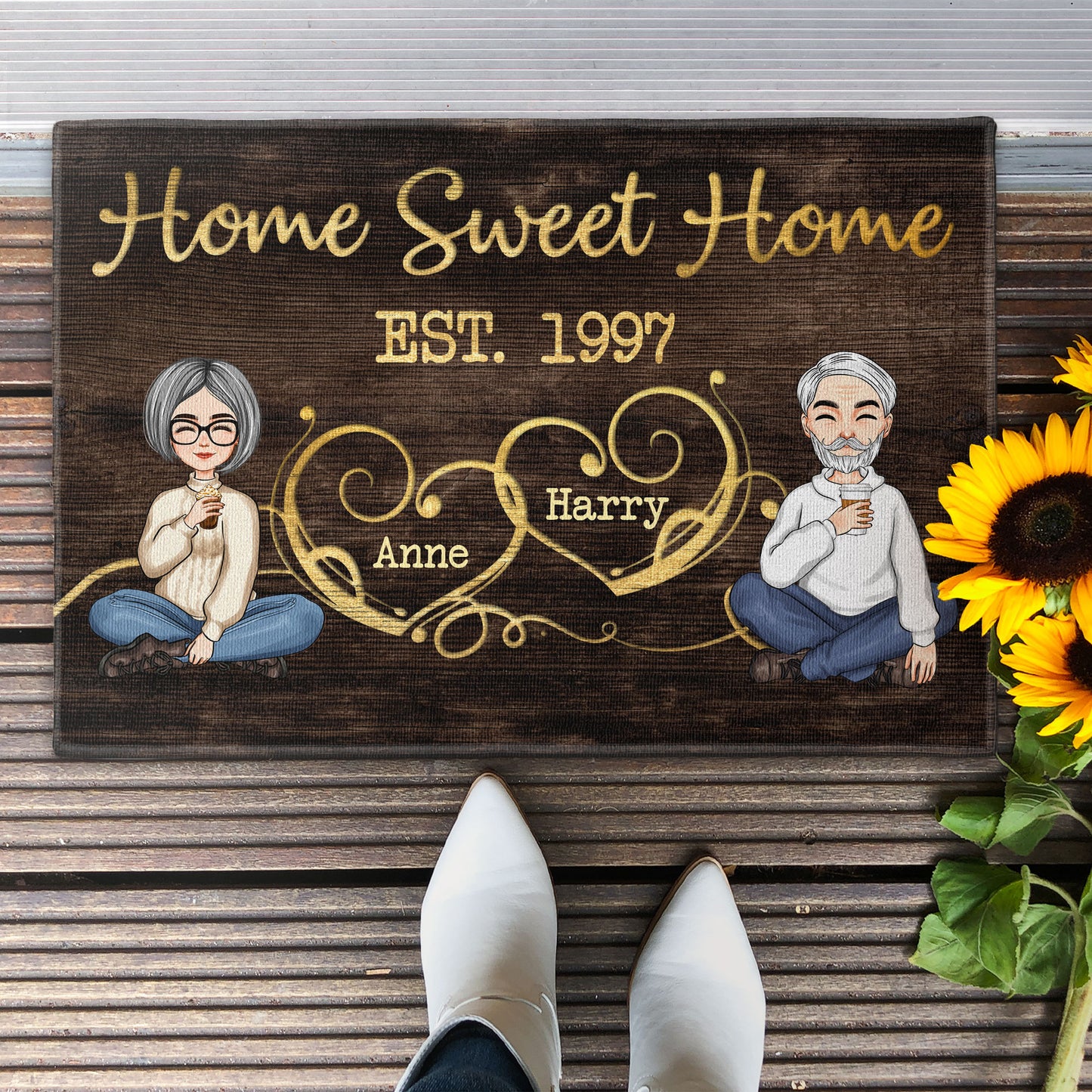 Home Sweet Home - Cartoon Couple  - Personalized Doormat - Home Decor, Birthday, New Home Gift For Couple, Husband, Wife, Lover, Boyfriend, Girlfriend