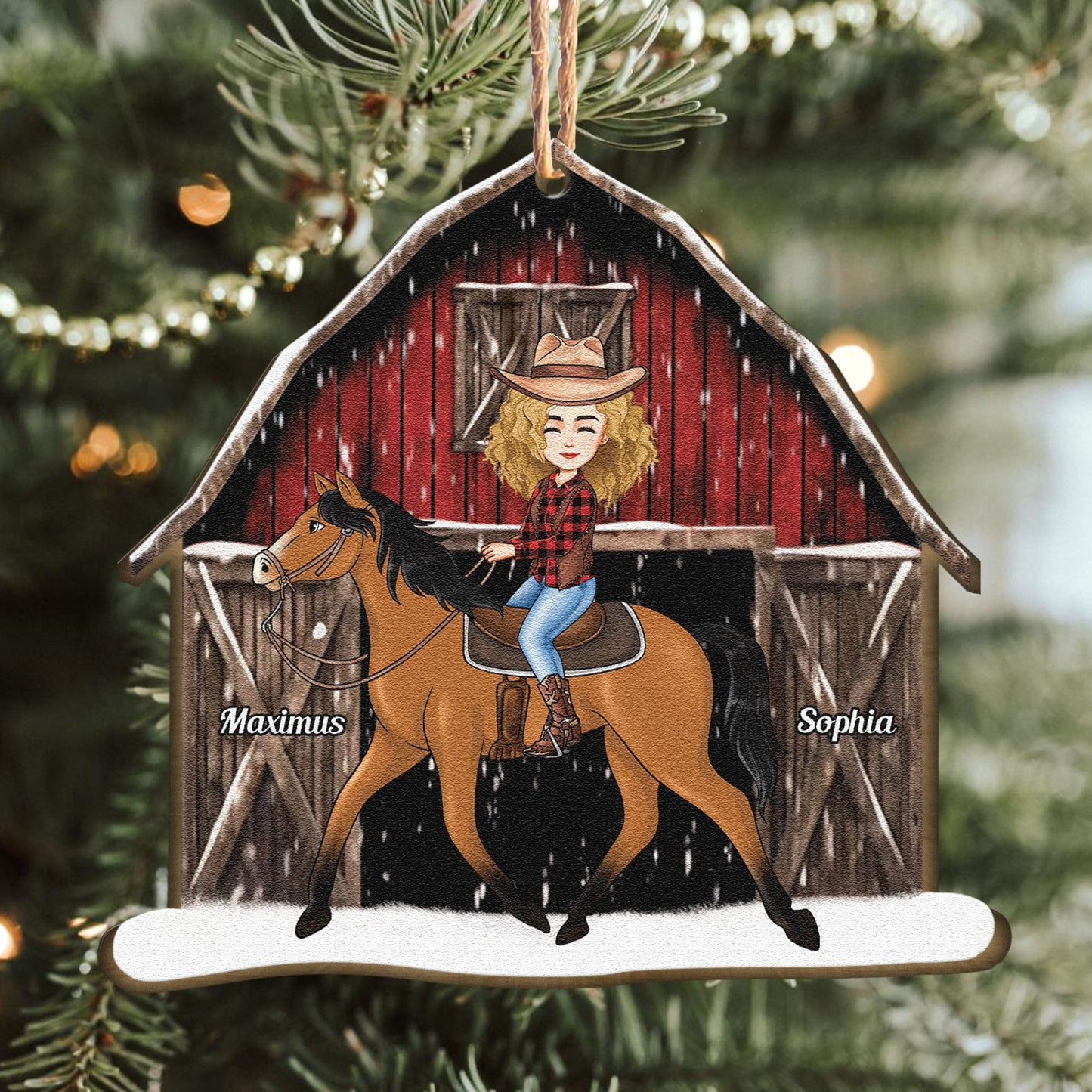 Horse Lovers Girl Riding Horse Red Xmas Barn - Personalized Wooden Ornament With Bow