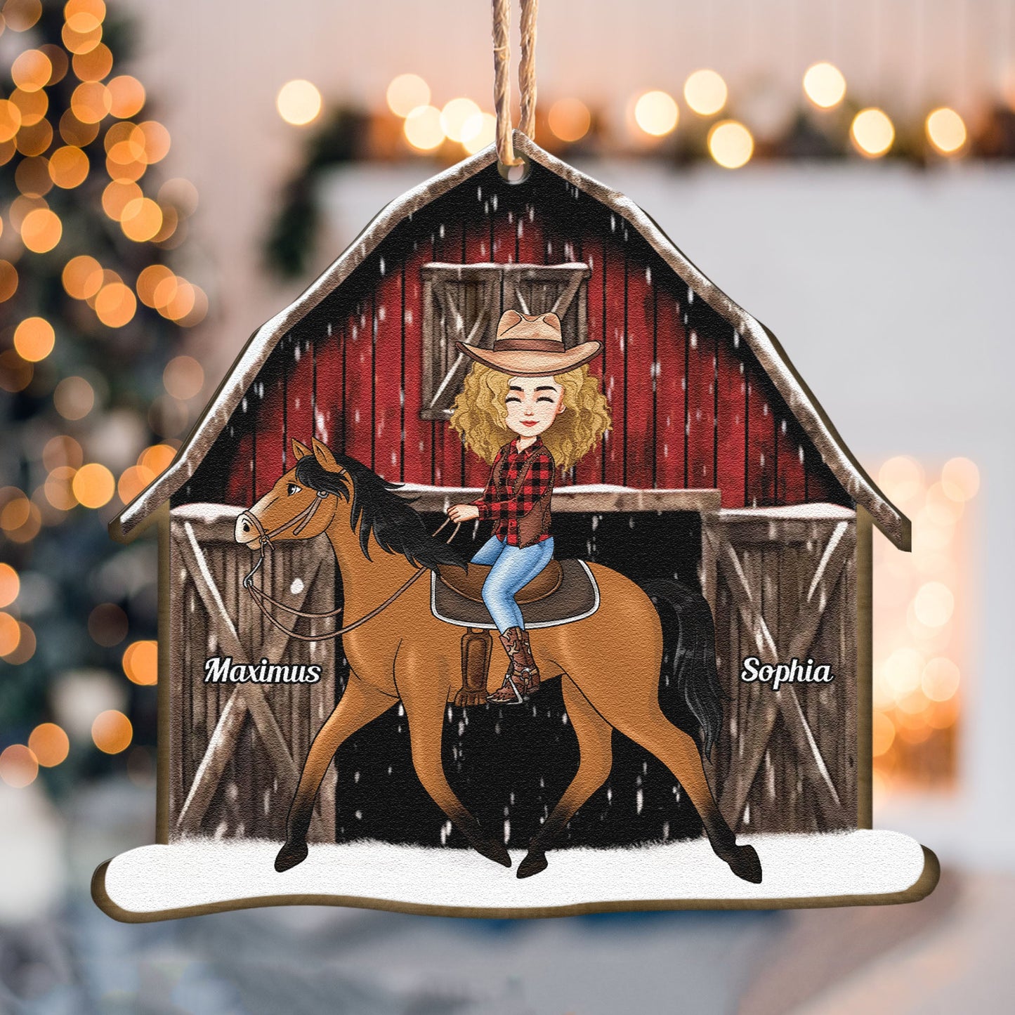 Horse Lovers Girl Riding Horse Red Xmas Barn - Personalized Wooden Ornament With Bow