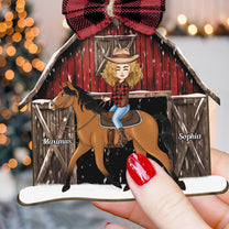 Horse Lovers Girl Riding Horse Red Xmas Barn - Personalized Wooden Ornament With Bow