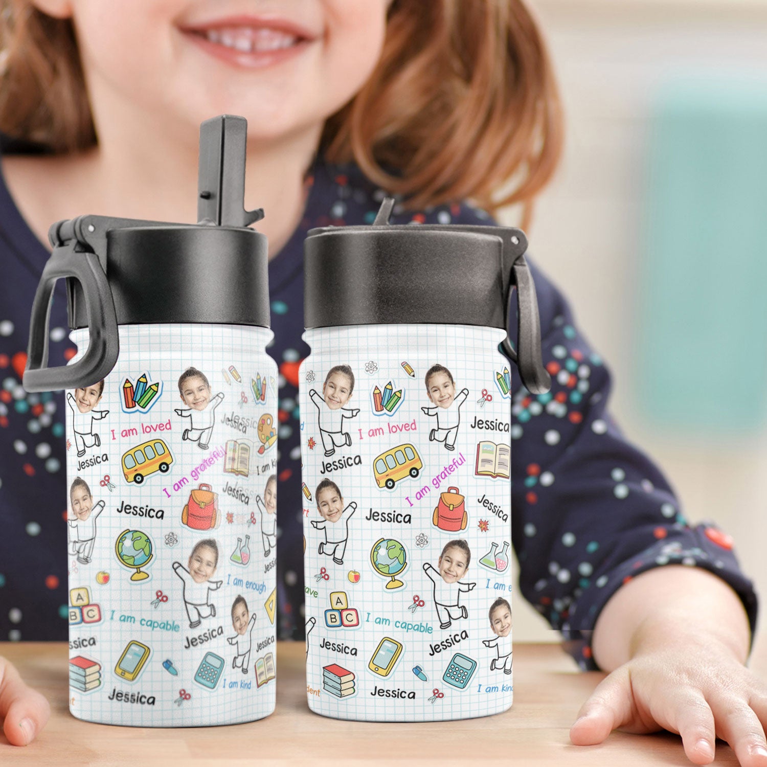 I Am Kind I Am Greatful - Personalized Kids Water Bottle With Straw Lid 