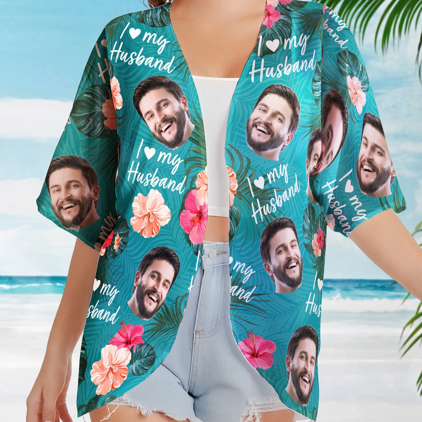 I Love My Husband - Personalized Photo Women's Kimono Chiffon Cover Up