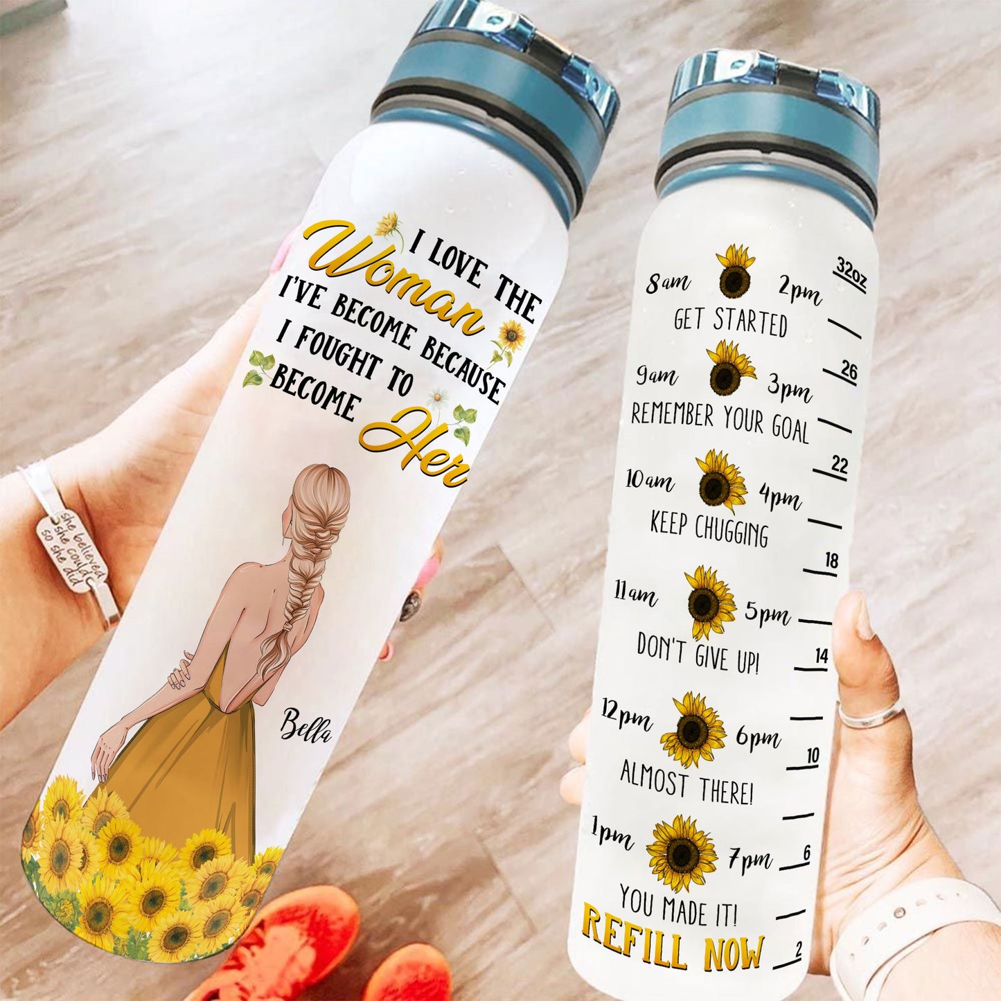 I Love The Woman I've Become - Personalized Water Tracker Bottle - Birthday, Motivational Gift For Her, Girls, Sunflowers Girl, Positive Gift