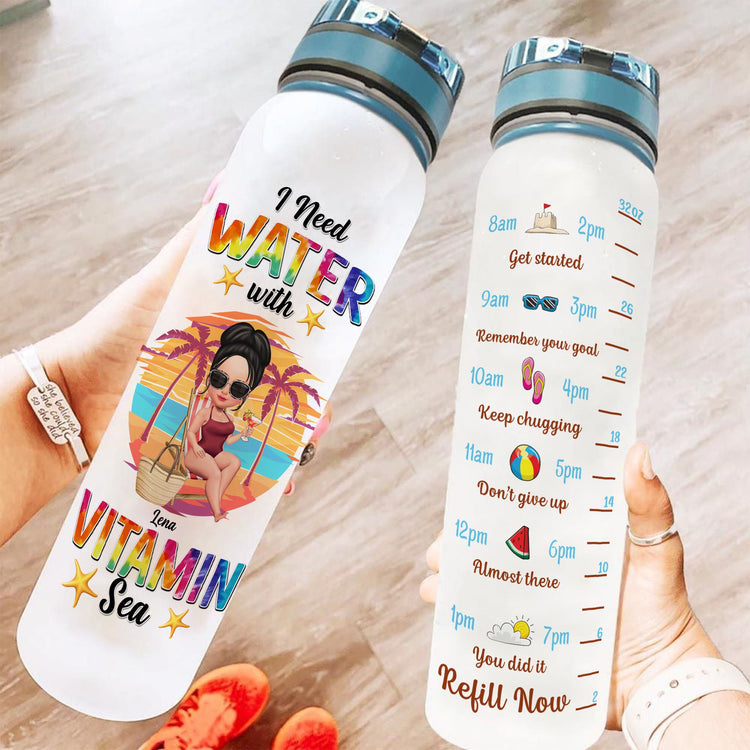 I Need Water With Vitamin Sea  - Personalized Water Bottle With Time Marker - Summer Vibe Gift For Her, Friend, Beach Lover, Girl, Vacation