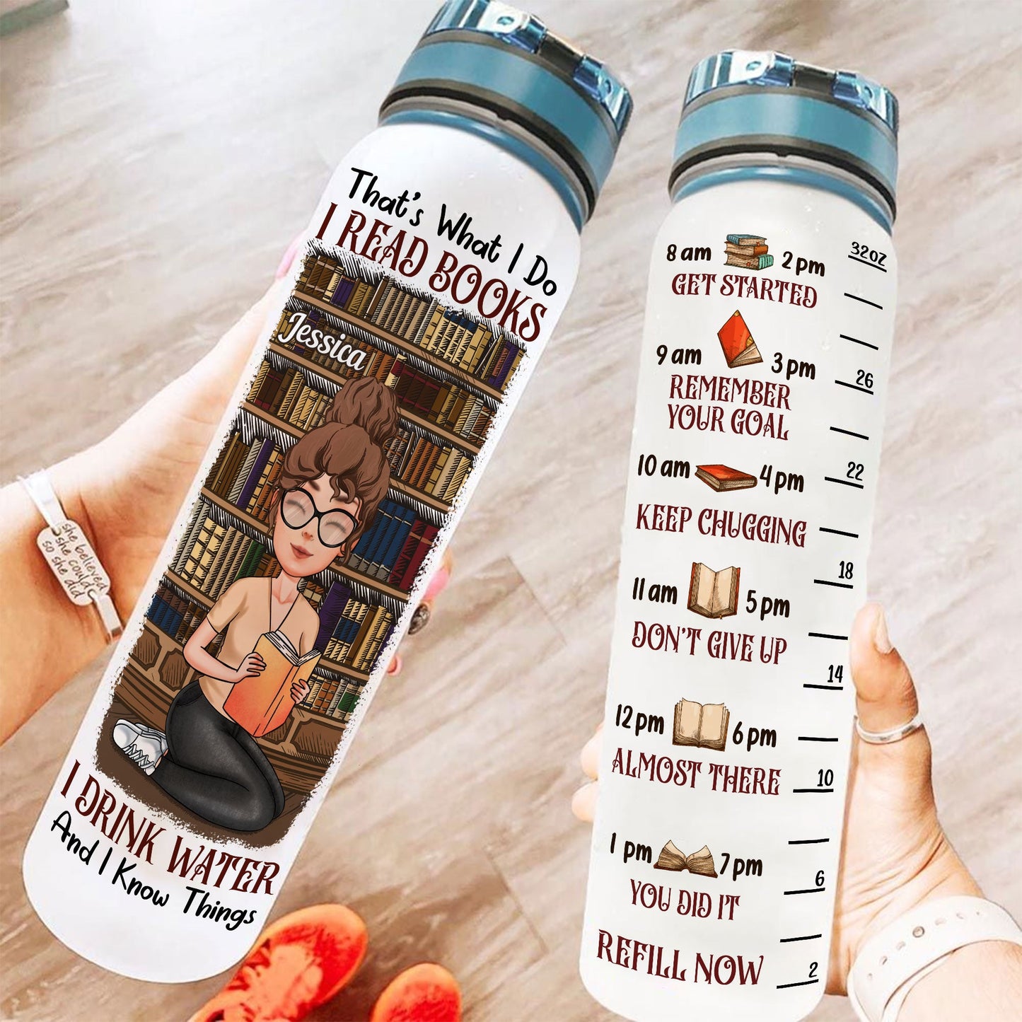 I Read Books I Drink Water  - Personalized Water Bottle With Time Marker - Birthday, Motivation Gift For Book Lover, Bookworms