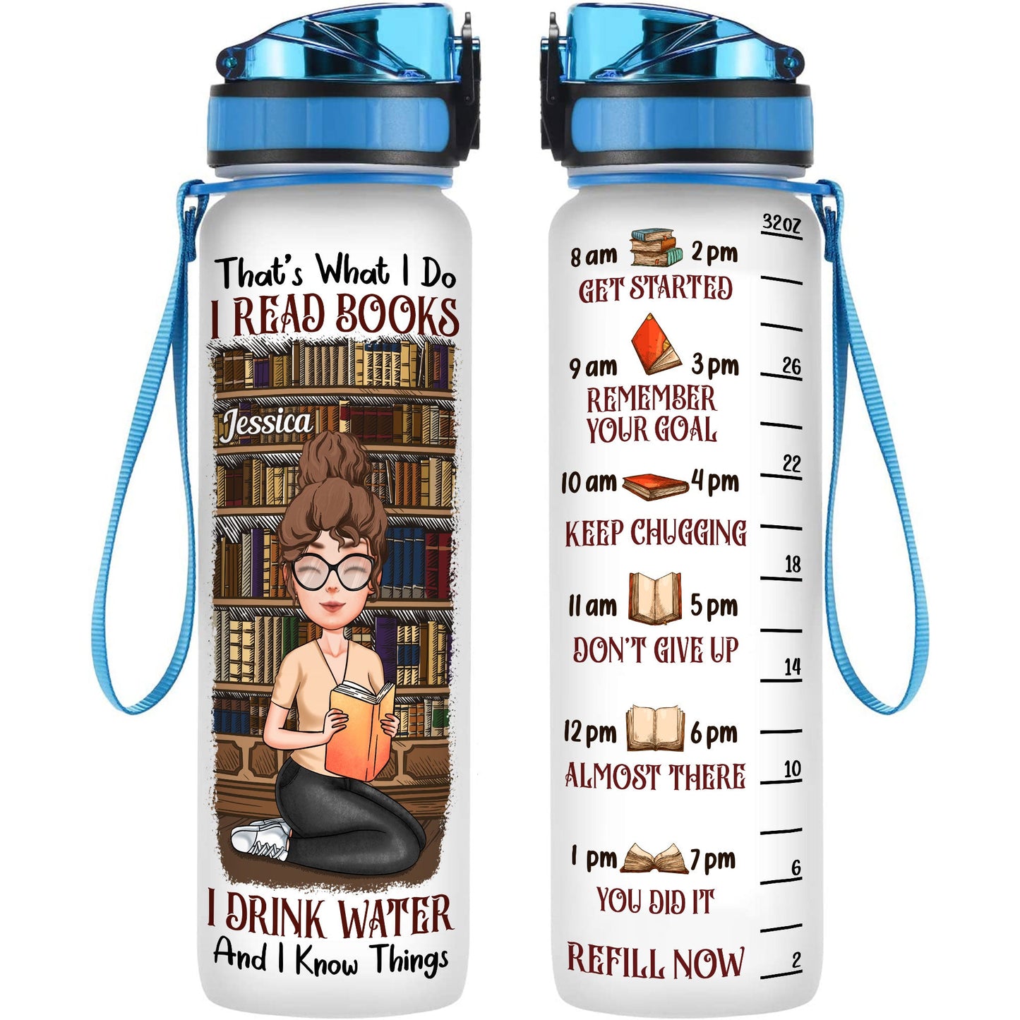 I Read Books I Drink Water  - Personalized Water Bottle With Time Marker - Birthday, Motivation Gift For Book Lover, Bookworms