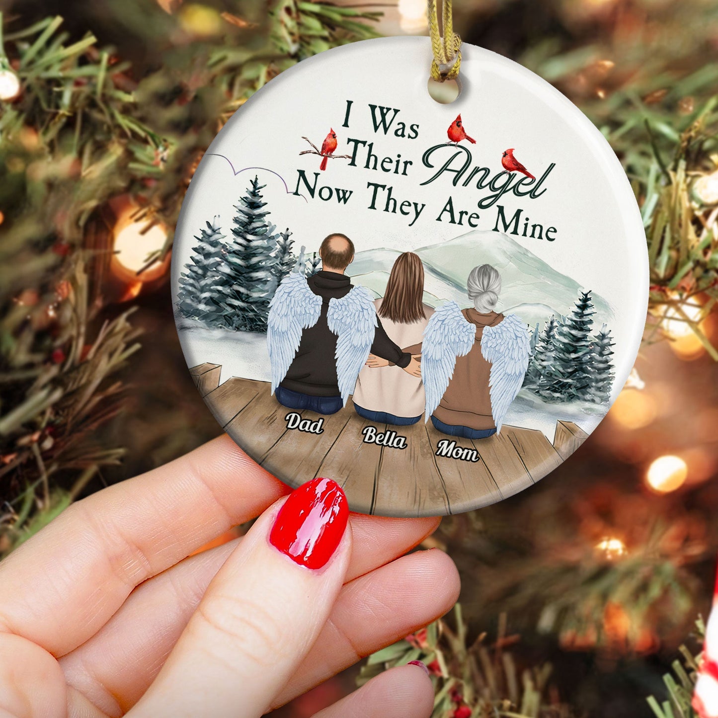 I Was His Angel. Now He Is Mine - Personalized Ceramic Ornament - Christmas, Memorial Gift For Family Members, Memory Loving, Dad, Mom, Grandparents