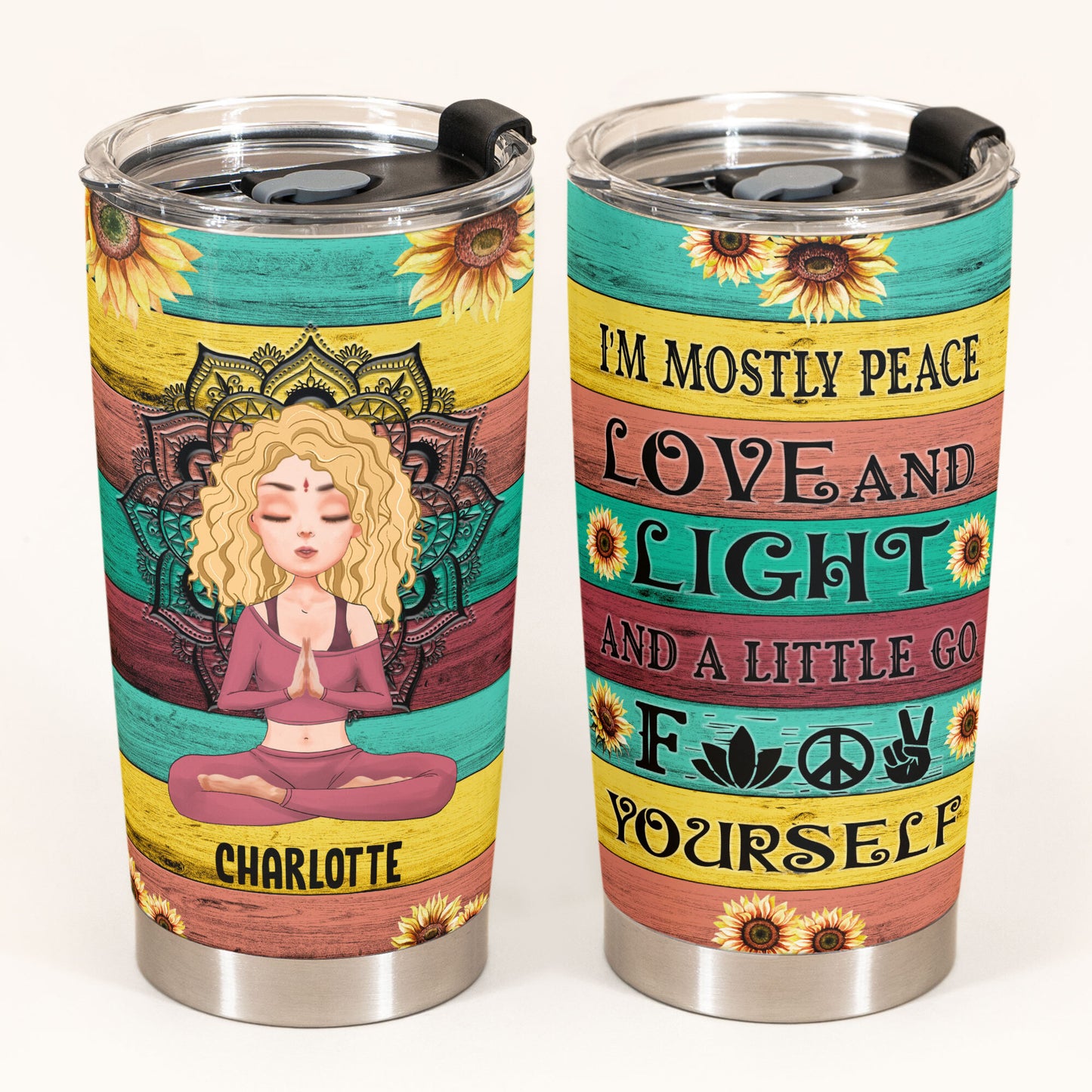 I'm Mostly Peace Love And Light - Personalized Tumbler Cup - Gift For Yoga Lover - Yoga Girl Illustration
