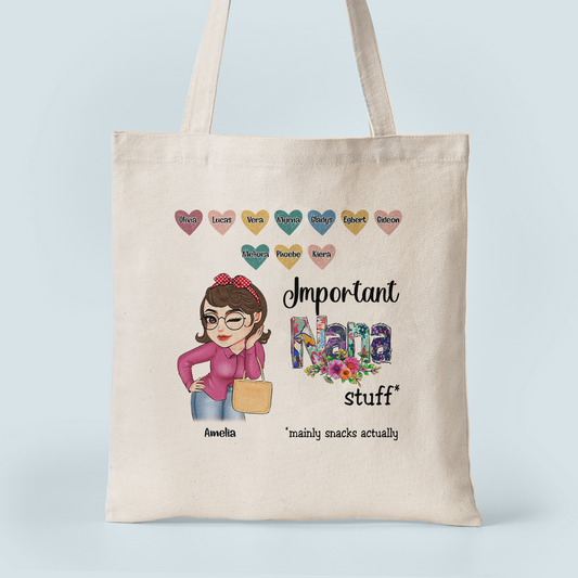 Important Nana Stuff - Personalized Tote Bag - Birthday, Mother's DayGift From Grandma, Mimi, Gigi, Mom, Aunt