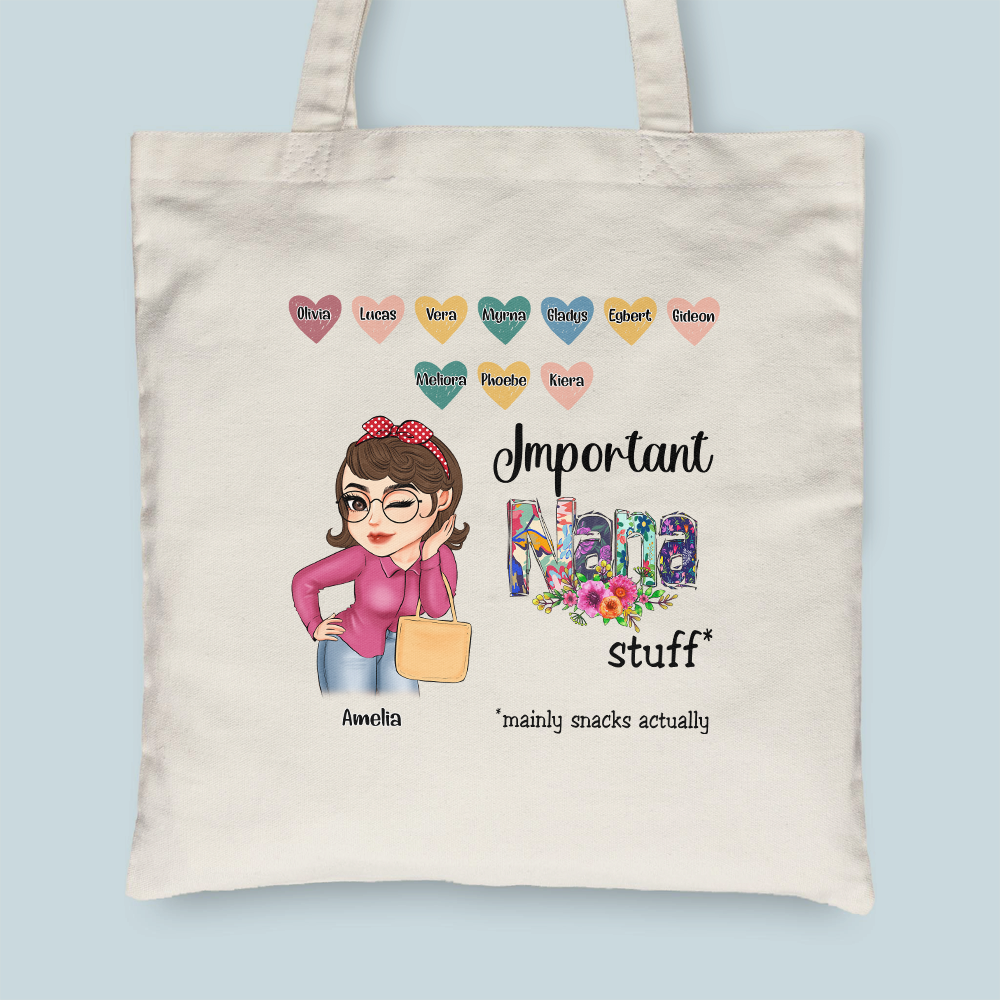 Important Nana Stuff - Personalized Tote Bag - Birthday, Mother's DayGift From Grandma, Mimi, Gigi, Mom, Aunt