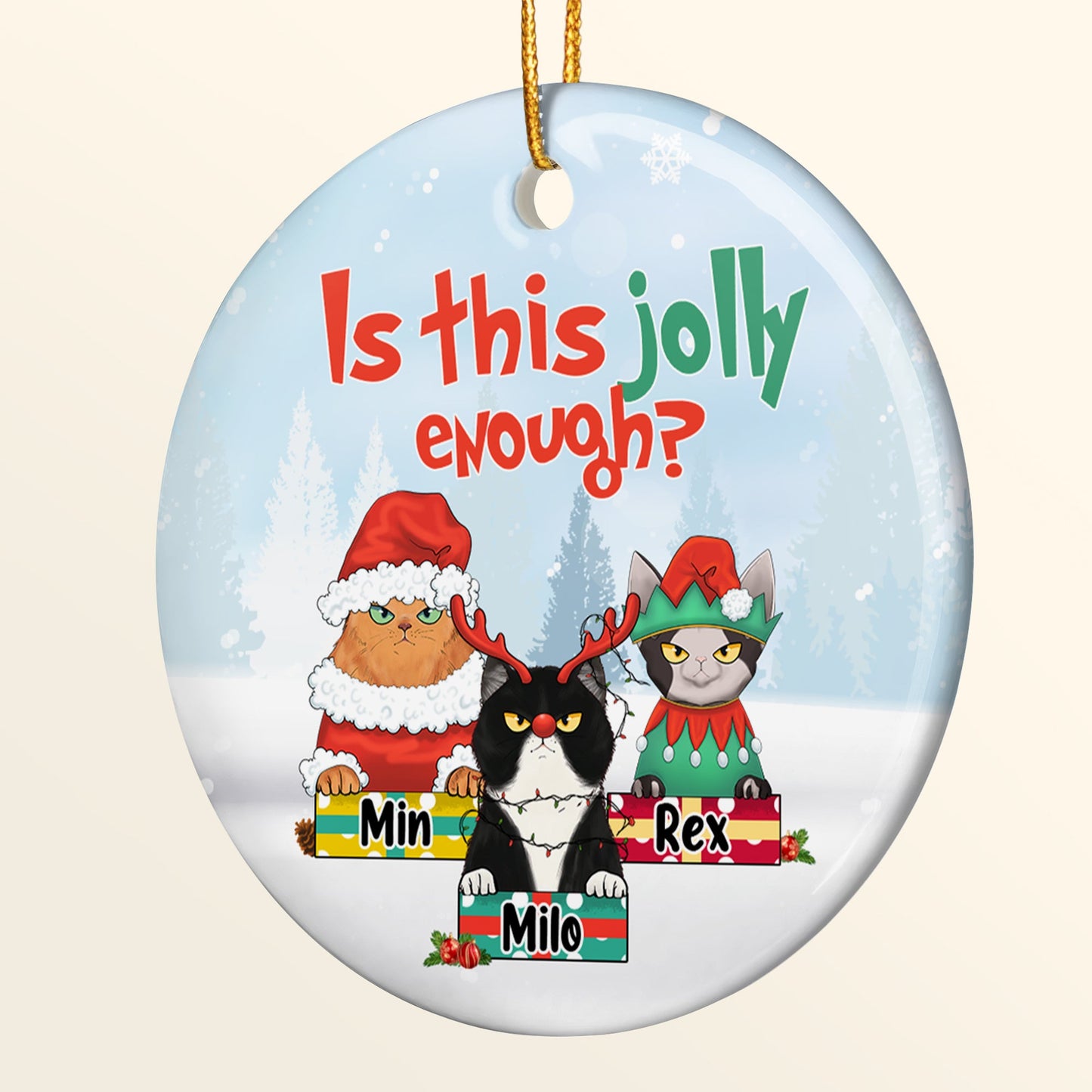 Is This Jolly Enough - Personalized One-sided Ceramic Ornament - Christmas Gift For Cat Lovers, Cat Mom, Cat Dad - Glaring Cat