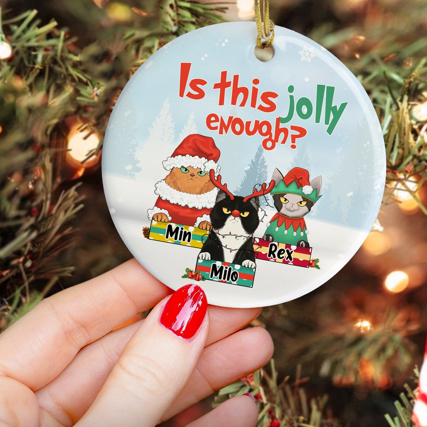 Is This Jolly Enough - Personalized One-sided Ceramic Ornament - Christmas Gift For Cat Lovers, Cat Mom, Cat Dad - Glaring Cat