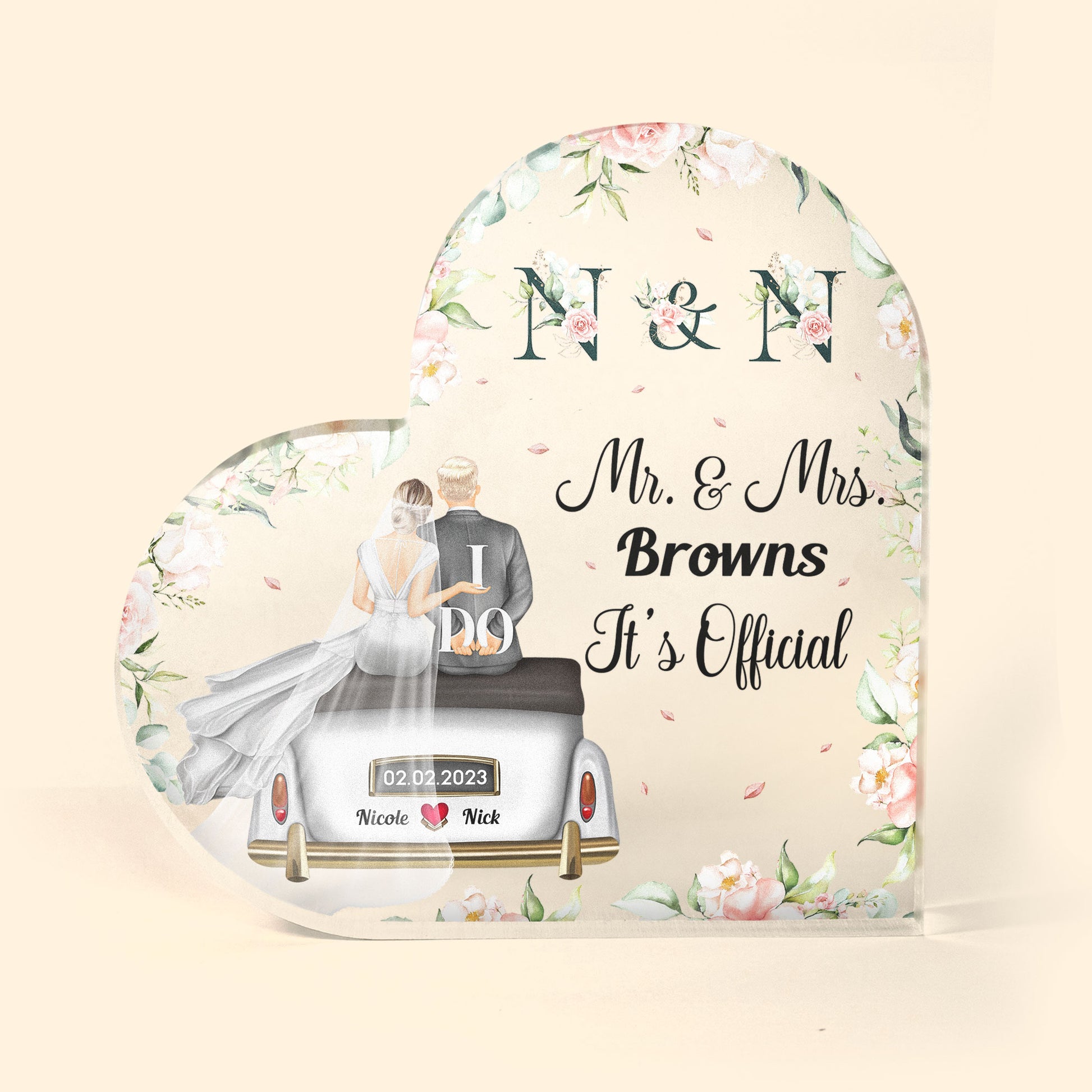 It's Official Mr. & Mrs. - Personalized Heart Shaped Acrylic Plaque - Wedding, Anniversary, Loving Gift For Newly Wed Couples, Hubby & Wifey, Husband & Wife