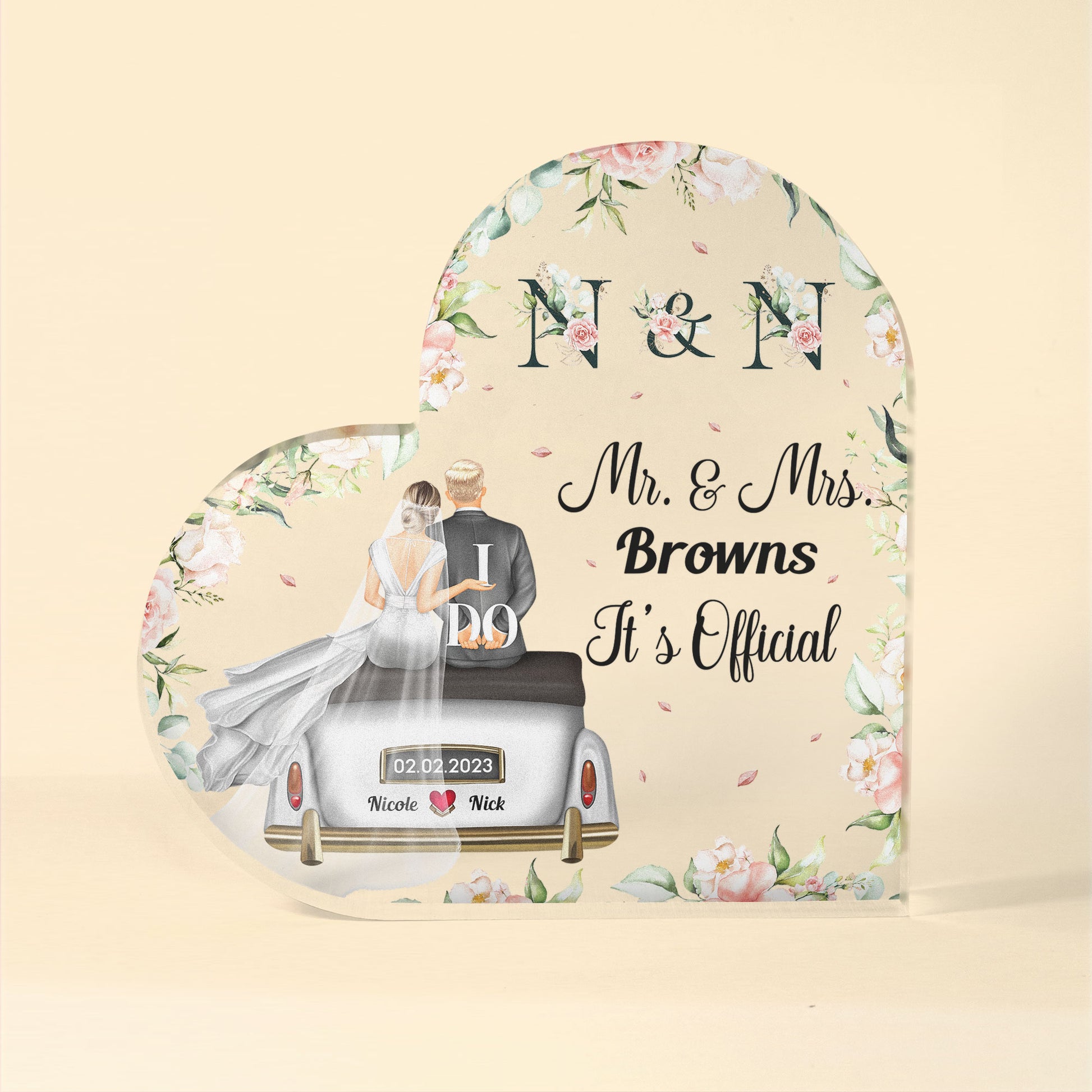 It's Official Mr. & Mrs. - Personalized Heart Shaped Acrylic Plaque - Wedding, Anniversary, Loving Gift For Newly Wed Couples, Hubby & Wifey, Husband & Wife