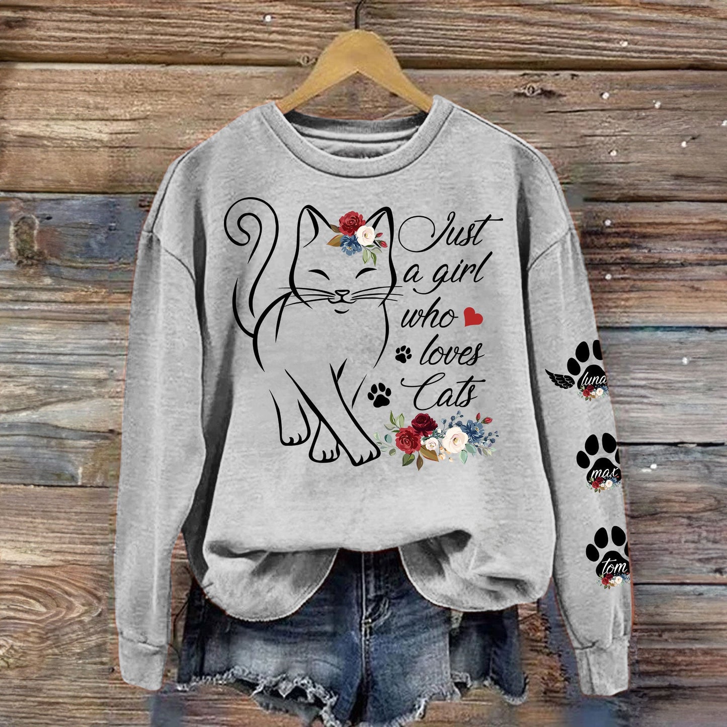 Just A Girl Who Loves Cats Custom Pawprints On Sleeve - Personalized Sweatshirt