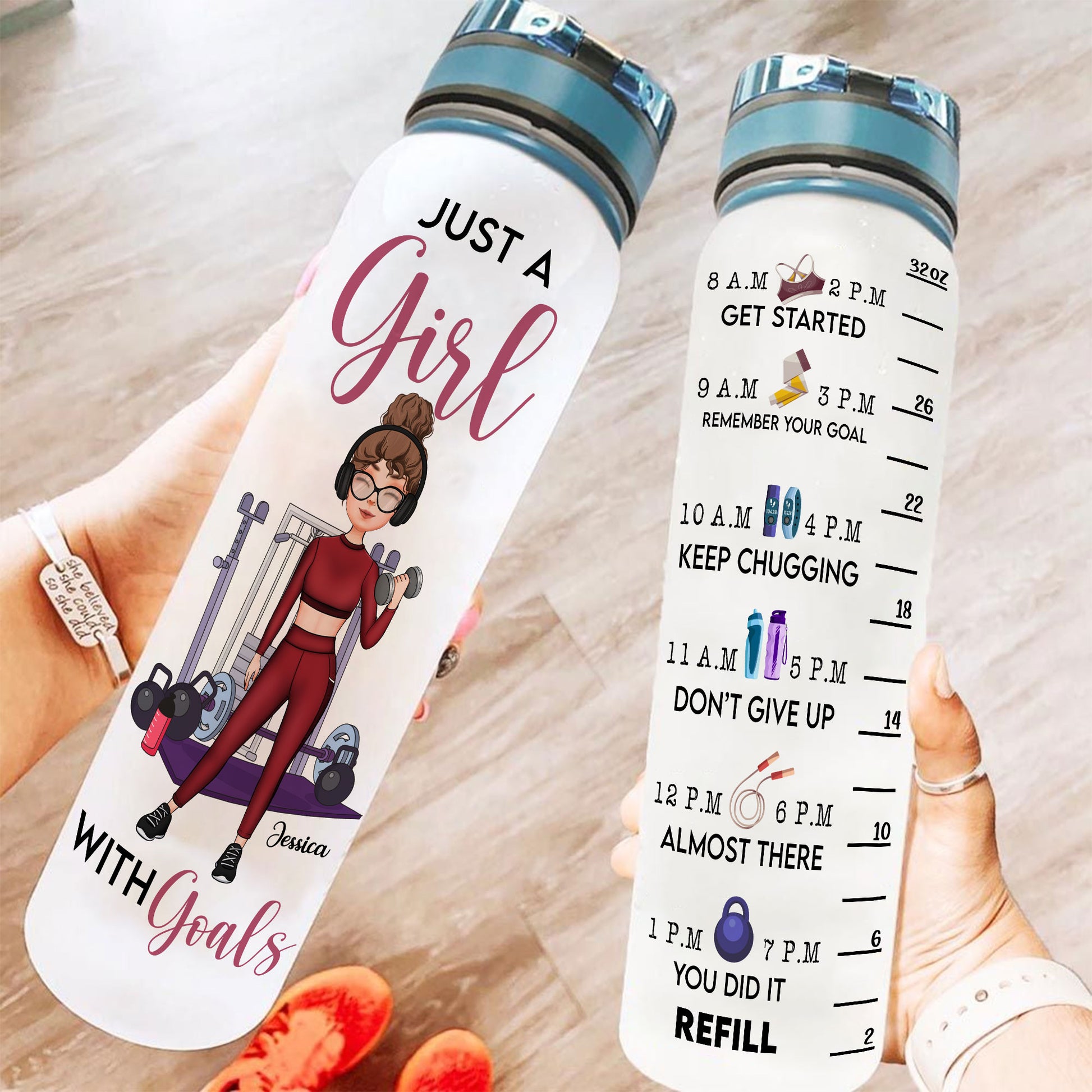 Just A Girl With Goals  - Personalized Water Bottle With Time Marker - Birthday, Motivation Gift For Her, Gymer, Fitness Lover 